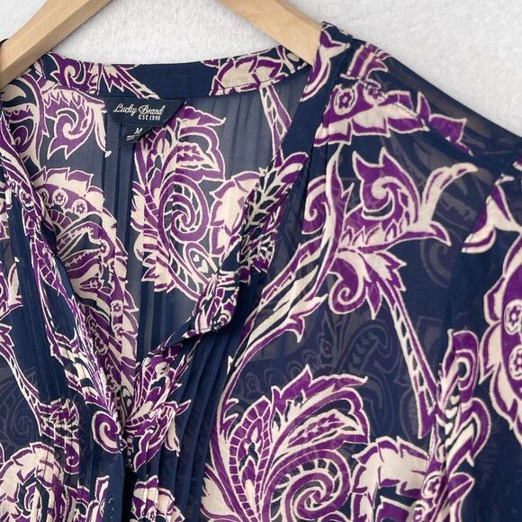 LUCKY BRAND Top Womens M Paisley Popover Chiffon Tunic Blouse Pullover Purple - Picture 7 of 12